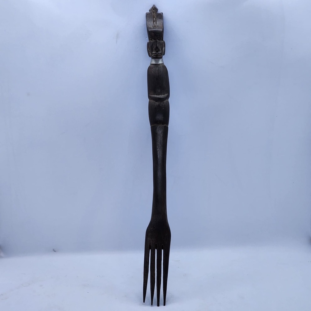 Vintage African wood hand curved decorative fork with silver neck embellishments